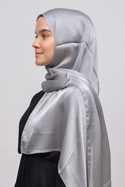 Altobeh Janjan Shiny Satin Textured Hijab Evening Dress Chiffon Shawl-Grey