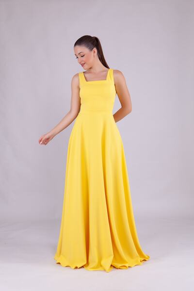 Bidoluelbise Kadın Kare Yaka Kolsuz Maxi Boy Abiye Elbise