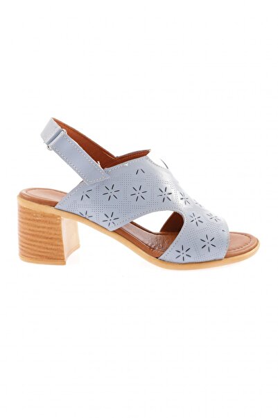 DGN Women's Laser Detailed Velcro Heeled Sandals Baby Blue Genuine Leather 44...