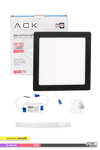 ACK 18w Surface Mounted Square Led Panel Fixture Black Body 3000k Daylight