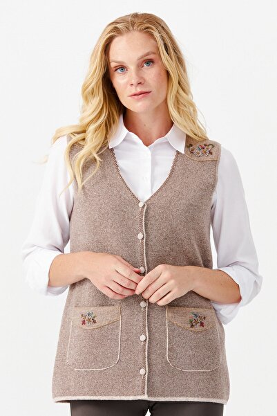 Desen Triko Vestă de damă cu decolteu în V, buzunar la umăr, cu nasturi, brod...