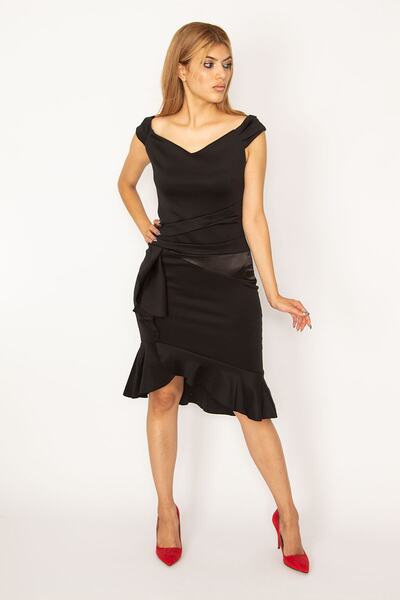 Şans Tekstil Women's Black Waist and Skirt Detailed Dress 26a19618