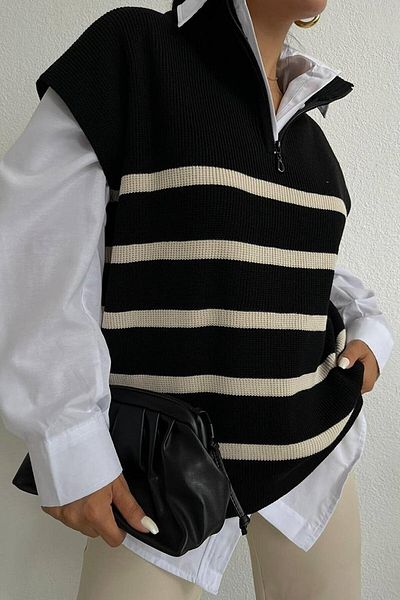 vuvutasarım New Season Women's Cotton Knitted Fabric Stand Collar Oversize Cream Sweater