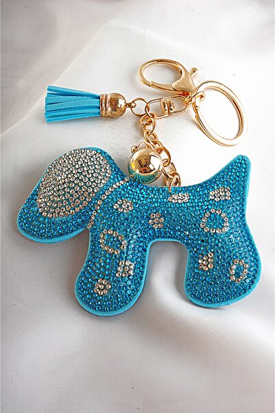 EUROMODA إكسسوار بتصميم كلب أزرق مرصع بالخرز ومشبك لامع وسلسلة مفاتيح