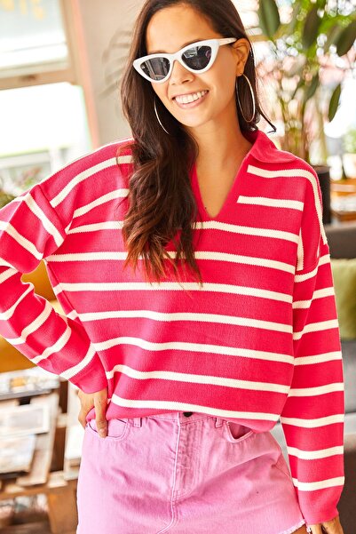 Olalook Γυναικείο πλεκτό πουλόβερ φούξια πόλο γιακά Oversize Crop KZK-19000435