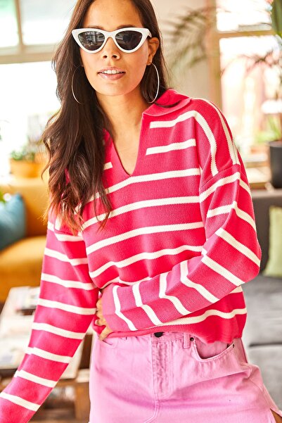 Olalook Γυναικείο πλεκτό πουλόβερ φούξια πόλο γιακά Oversize Crop KZK-19000435