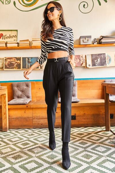 Olalook Γυναικεία μαύρα παντελόνια με φερμουάρ, μεσαία D πόρπη με εφέ μαλλί PNT-19000184