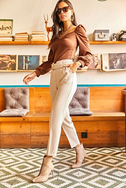 Olalook Women's Stone Waist Detailed Coated Belt Wool Effect Trousers PNT-19000183