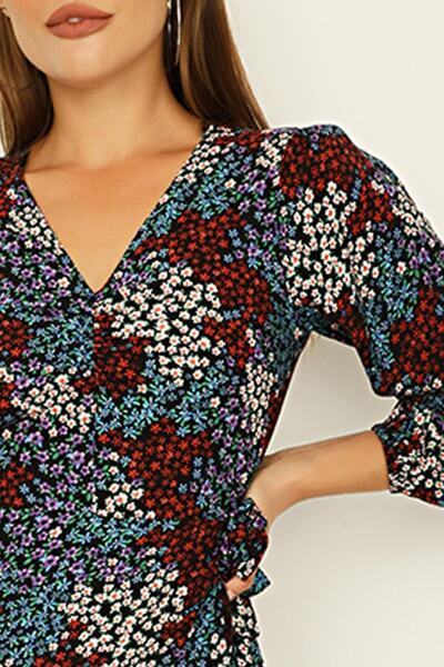 Select Moda Rochie mini cu volan cu fustă cu decolteu în V cu model albastru