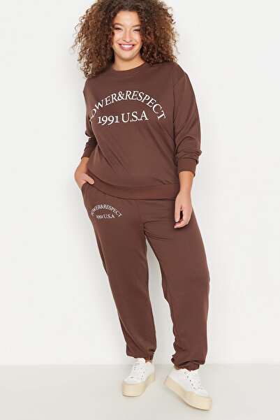 Trendyol Curve Plus Size Sweatsuit Set - Brown - Oversize