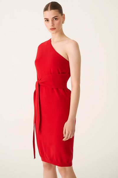 Perspective Lien Regular Fit Scoop Neck Below Knee Red Color Knitwear Dress