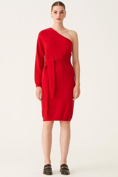 Perspective Lien Regular Fit Scoop Neck Below Knee Red Color Knitwear Dress