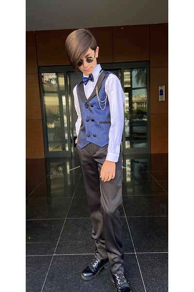 WENA KİDS Children's Vest Suit Shirt Set Patterned Navy Blue