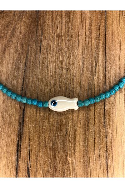 Stoneday White Murano Turquoise Crimped Natural Stone Necklace with Fish Pendant