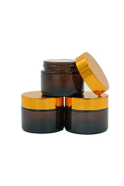 parlakcam 3 Pieces Amber Glass Cream Jar with Gold Lid-30 Cc