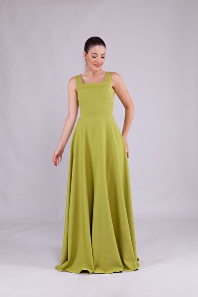 Bidoluelbise Kadın Kare Yaka Kolsuz Maxi Boy Abiye Elbise