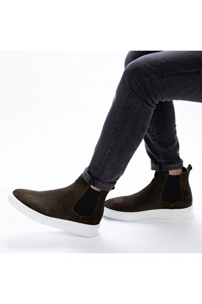 TwoEgoist Erkek Hakiki Süet Deri Haki Yeşil Beyaz Tabanlı Chelsea Bot