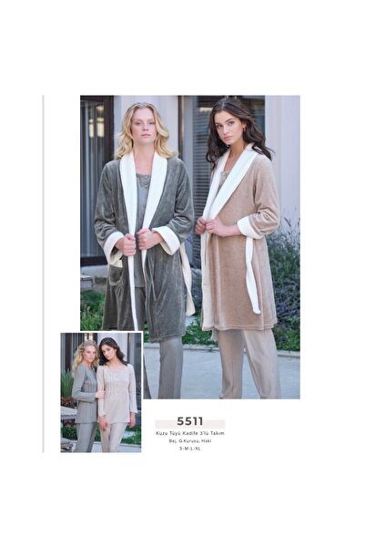 Bone Club 5511 Khaki Lamb Feather Velvet 3-Piece Maternity Pajamas Dressing Gown Tk