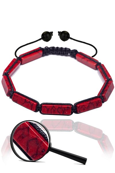 Tesbih Atölyesi Certified Rectangular Cut Red Howlite Stone Natural Stone Bracelet