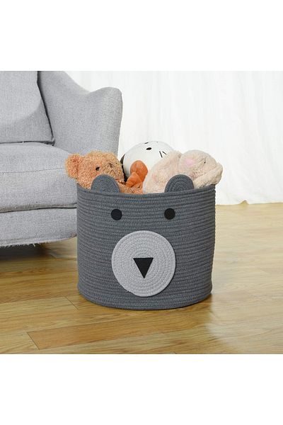 MaVaux Cute Cotton Jute Storage Basket with Bear Design - Toy and Laundry Box with Handles
