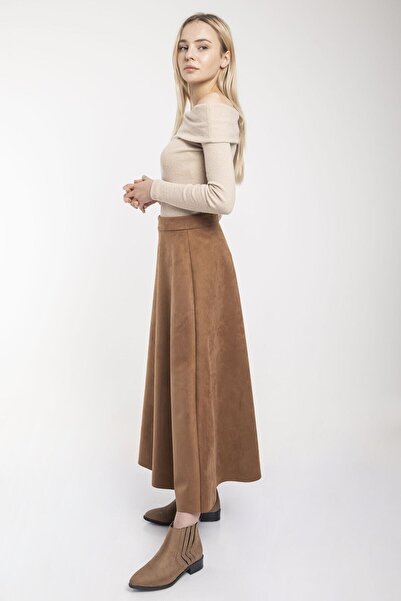 modabirsen Fusta de damă maro uni Mevlana din piele intoarsa
