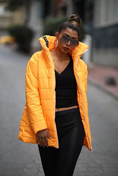 Keyifli Moda Palton lung galben din puf - guler pentru femei