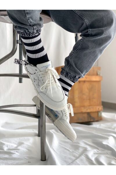 BYBASICMAN Alb cu dungi Șosete lungi negre