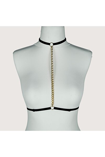 MADAME FREYA Γυναικείο αξεσουάρ σώματος με λεπτομέρεια από μαύρη χρυσή αλυσίδα
