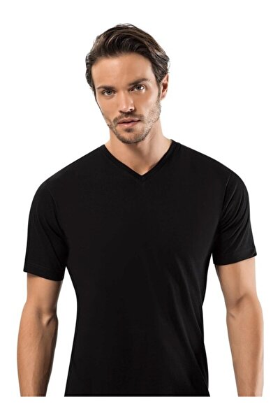 Erdem Erkek Siyah  3'lü Paket 1167 %100 Pamuk Penye Karışık Renk V Yaka  T-shirt