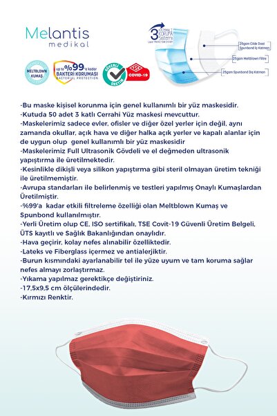 Melantis Medikal Meltblownlu + Tip 2r 3 Katlı Telli Cerrahi Maske 1 Kutu 50 Adet Kırmızı