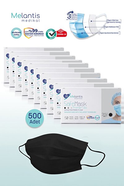 Melantis Medikal Tek Kullanımlık 3 Katlı Telli Cerrahi Maske 10 Kutu 500 Adet Siyah