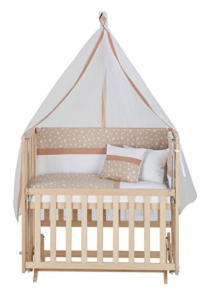 Baby Tech 50x90 Naturel Boyasız 4 Kademeli Beşik + Kahve Yıldızlı Uyku Seti