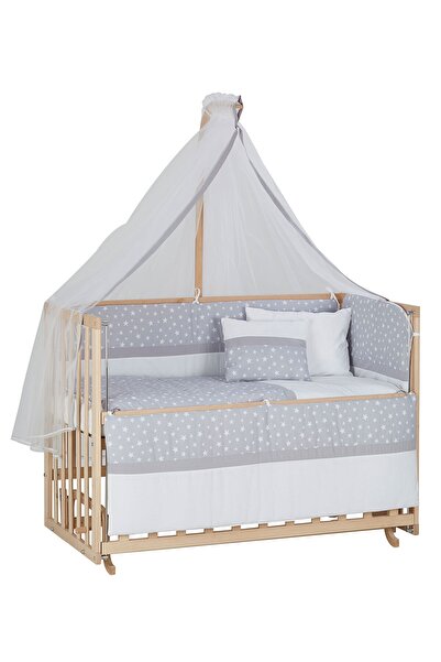 Baby Tech 60x120 Naturel Boyasız 4 Kademeli Beşik + Gri Yıldızlı Uyku Seti