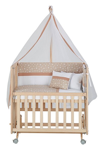 Baby Tech 50x90 Naturel Boyasız 4 Kademeli Tekerlekli Beşik + Kahve Yıldızlı ...