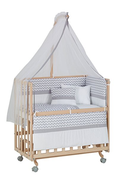 Baby Tech 50x90 Naturel Boyasız 4 Kademeli Tekerlekli Beşik + Gri Zikzak Uyku...