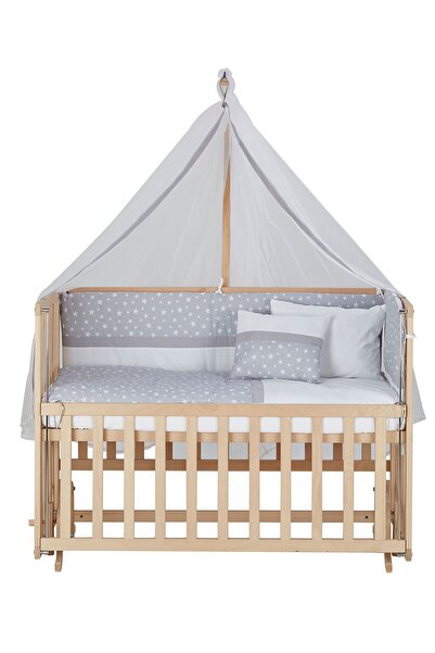Baby Tech 70x130 Naturel Boyasız 4 Kademeli Beşik + Gri Yıldızlı Uyku Seti