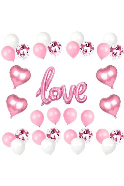 Parti dolabı Pembe Love imza balonlu Sevgililer Günü Nişan Yıldönümü Bekarlığa Veda Kalp Balon Seti