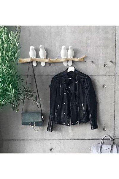 CajuArt Dekoratif Dörtlü Modern Duvar Askılık Dal Üstünde Kuş Duvar Dekor Askı