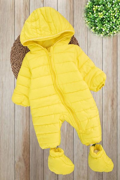 PODİUM GİYİM Unisex Baby Yellow Winter Footed Hooded Cosmonaut Jumpsuit