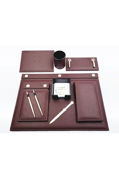 Gürpaş 455 Faux Leather Desk Set 9 Pieces Claret Red with Pen