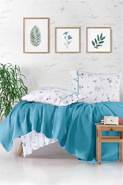 Clasy Çift Kişilik Pamuk Ranforce Butik Pike Takımı Metali V4 Turkuaz