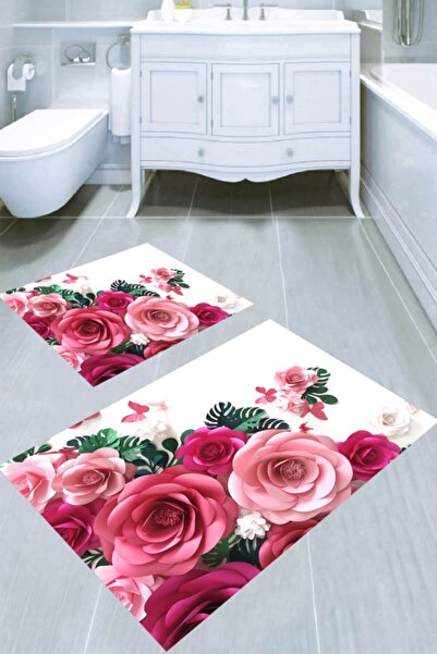 Resmiro Birikmiş Güller Desenli 2li Banyo Paspası (50x60 Cm - 60x100 Cm)