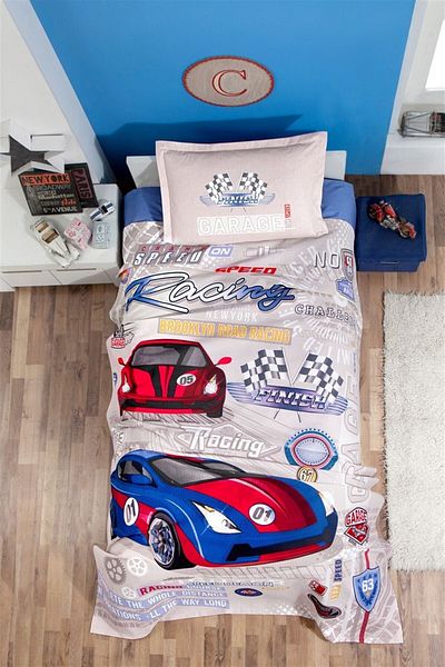 Clasy Cotton Duvet Set Single Car Patterned Garage V1 Blue