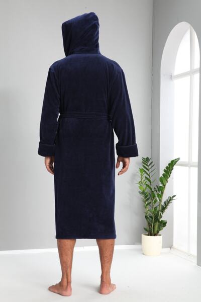 Nuşa Βαμβακερό ανδρικό μπουρνούζι - Navy Blue Piping Bamboo Cotton