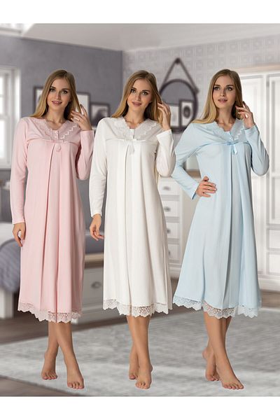 effort Roz 4033 Fusta Dantela Maneca Lunga Camasa De Noapte De Maternitate Albastru