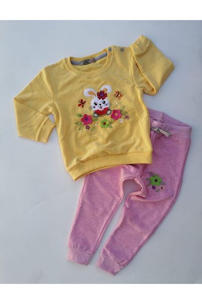 Stella Rabbit and Flower Embroidered Girl Set of 2 1-4 Years
