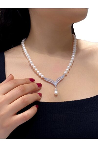 MaGümüş Suyolu Çok Şık Özel Tasarım Gerdanlık 925 Gümüş Inci Kolye