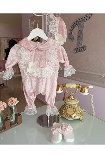 Tozpembebaby طقم بذلة مخملية وردية