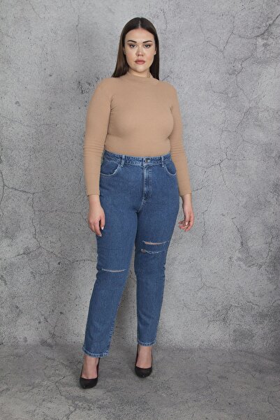 Şans Жіночі плюс розмір сині рвані деталізовані джинсові штани 65n35397