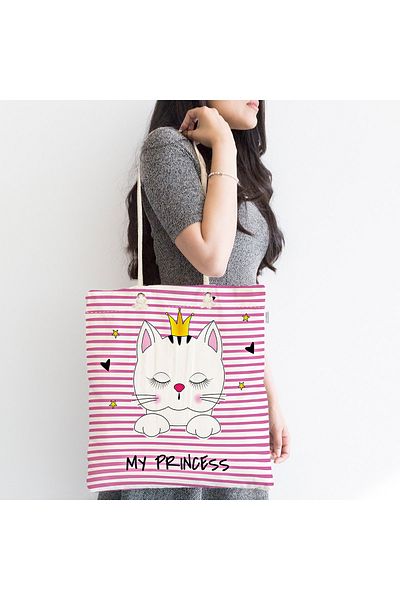 Realhomes Υφασμάτινη τσάντα με φερμουάρ My Princess Kitten με κορώνα σε ροζ γραμμές
